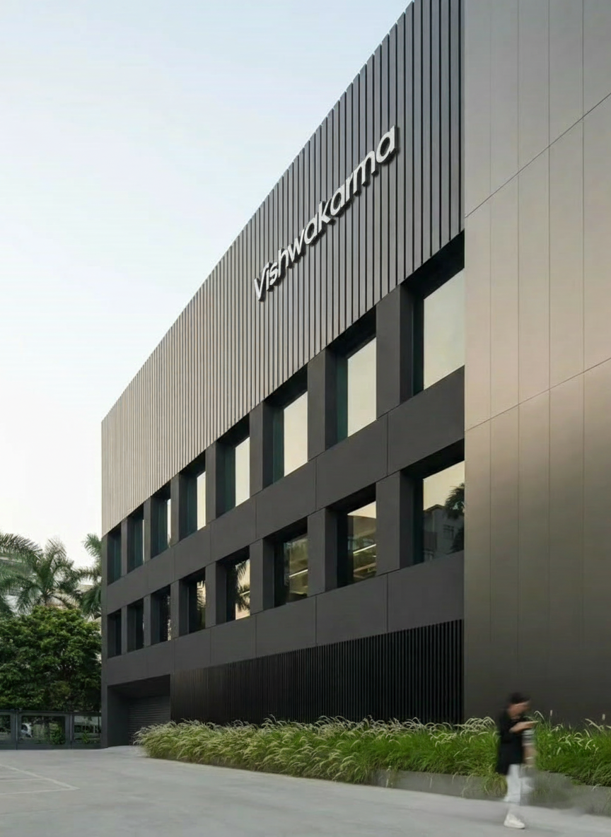 Modern front elevation design of a double-story house with glass railings and stone cladding