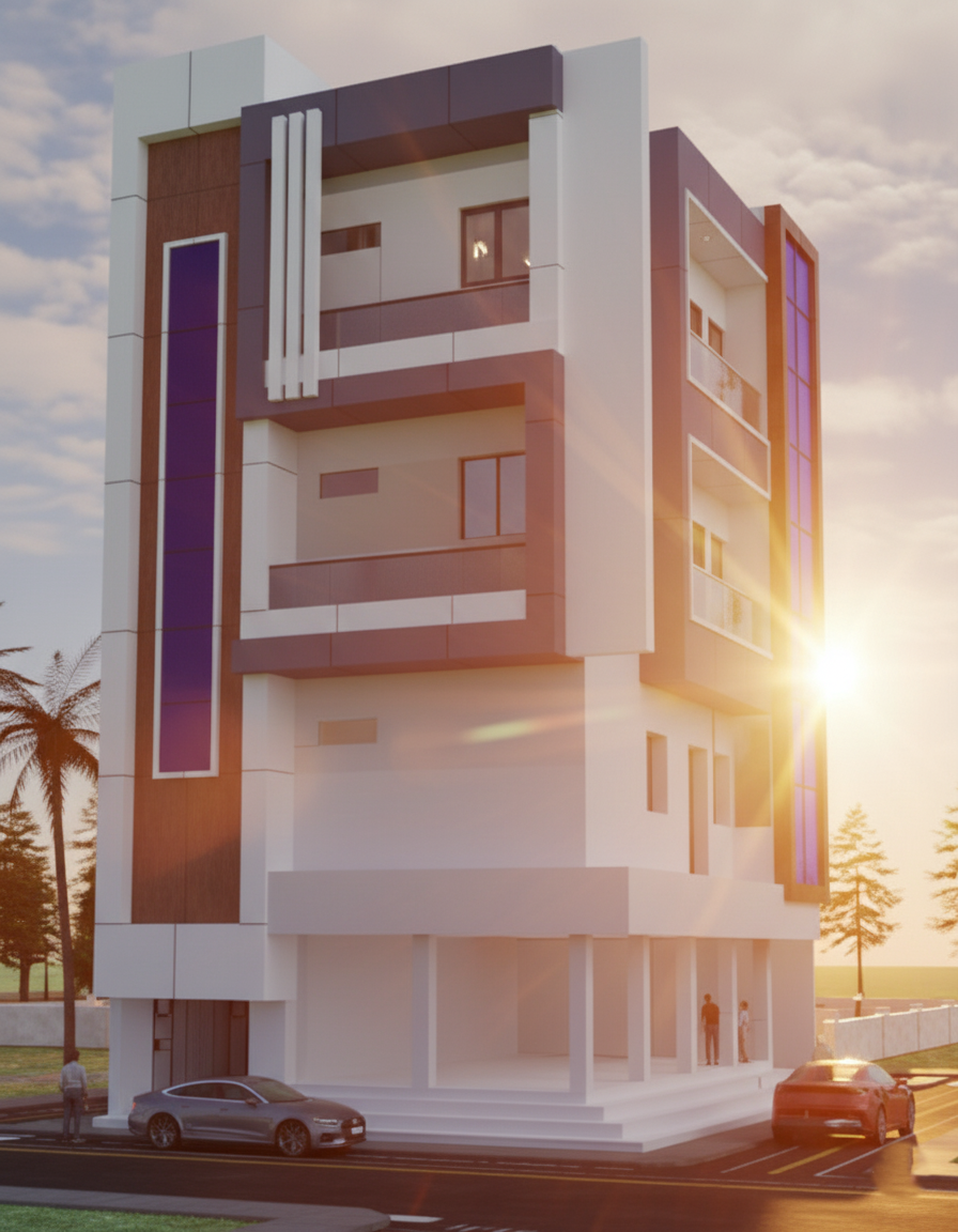 Modern villa exterior design featuring a spacious car parking area and paved driveway