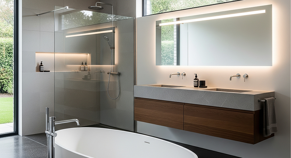 Contemporary modular kitchen design with smart storage and marble countertops